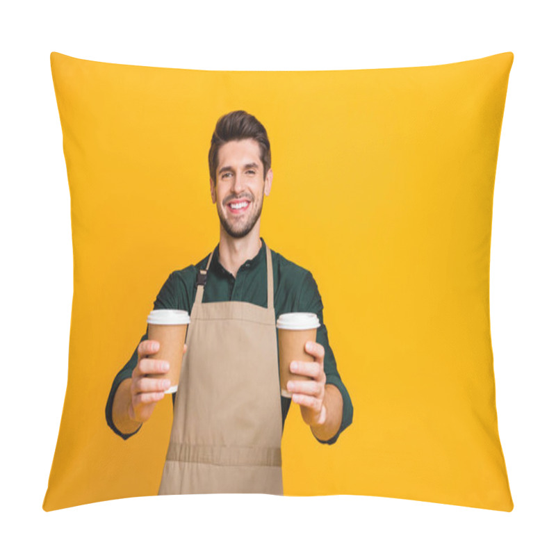 Personality  Portrait Of Positive Cheerful Guy Worker In Coffee Bar Shop Hold Paper Card Cup Offer To His Client Mug With Hot Cappuccino Wear Apron Green Shirt Isolated Over Yellow Color Background Pillow Covers