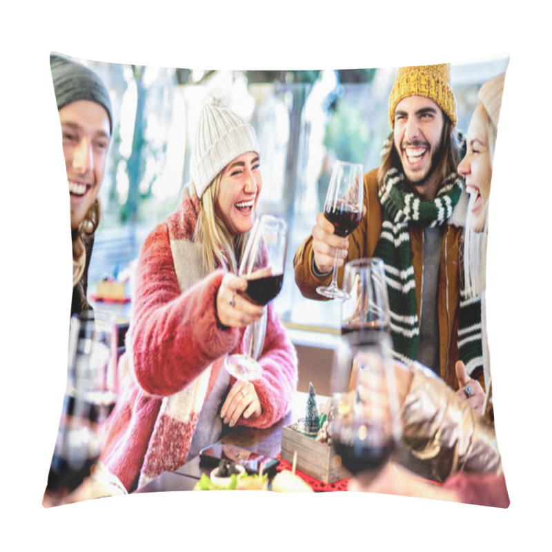 Personality  Young Friends Toasting Red Wine At Restaurant Patio - Happy People Having Fun Together At Winery Bar Wearing Winter Clothes - Dinning Life Style Concept On Bright Filter With Focus On Left Woman Pillow Covers