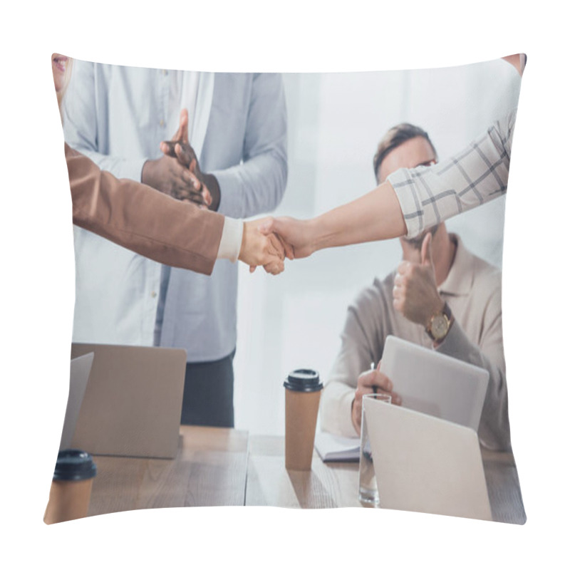 Personality  Cropped View Of Colleagues Shaking Hands During Meeting In Creative Agency  Pillow Covers