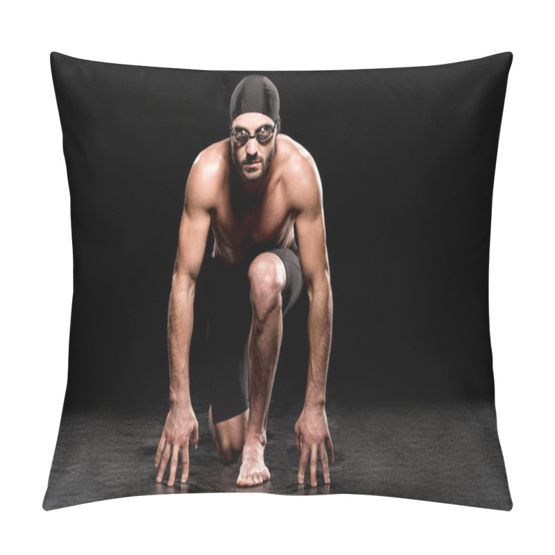 Personality  Athletic Swimmer Standing In Start Position On Black Background  Pillow Covers