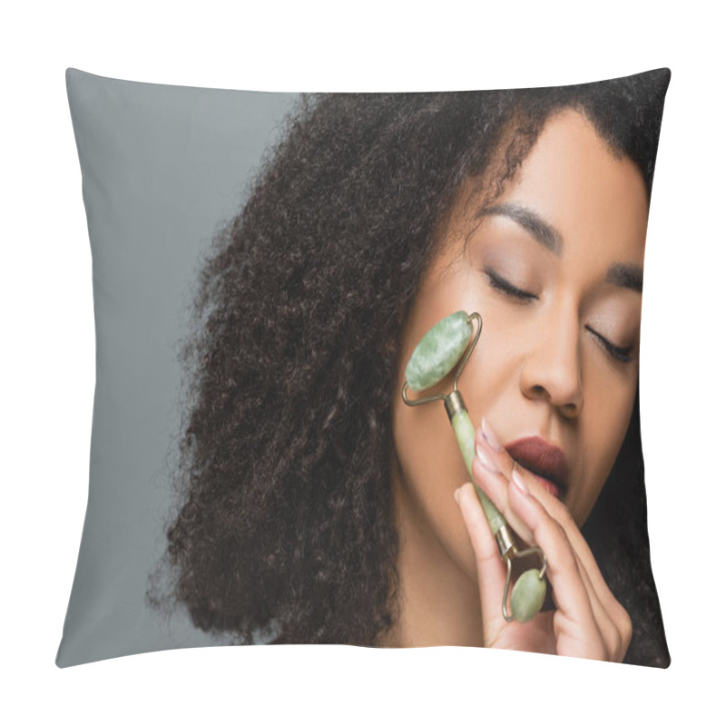 Personality  African American Woman With Perfect Skin Massaging Face With Jade Roller Isolated On Grey Pillow Covers