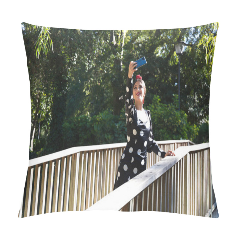 Personality  Beautiful Spanish Brunette Flamenco Dancer Woman With A Typical Flamenco Dress With White Polka Dots Taking A Photo With Her Mobile Phone. Flamenco Cultural Heritage Of Humanity. Pillow Covers