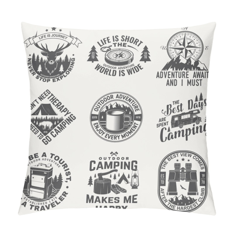 Personality  Set Of Camping Badges, Patches. Vector. Concept For Shirt Or Logo, Print, Stamp Or Tee. Vintage Design With Camping Equipment, Forest, Backpack, Mug, Compass, Camper Rv And Mountain Silhouette. Pillow Covers