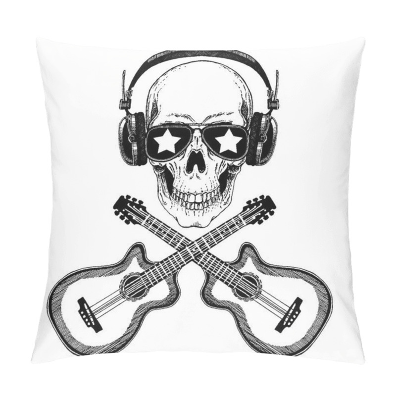 Personality  Cool Vector Rock Music Skull With Headphones For T-shirt, Emblem, Logo, Tattoo, Sketch, Patch Pillow Covers