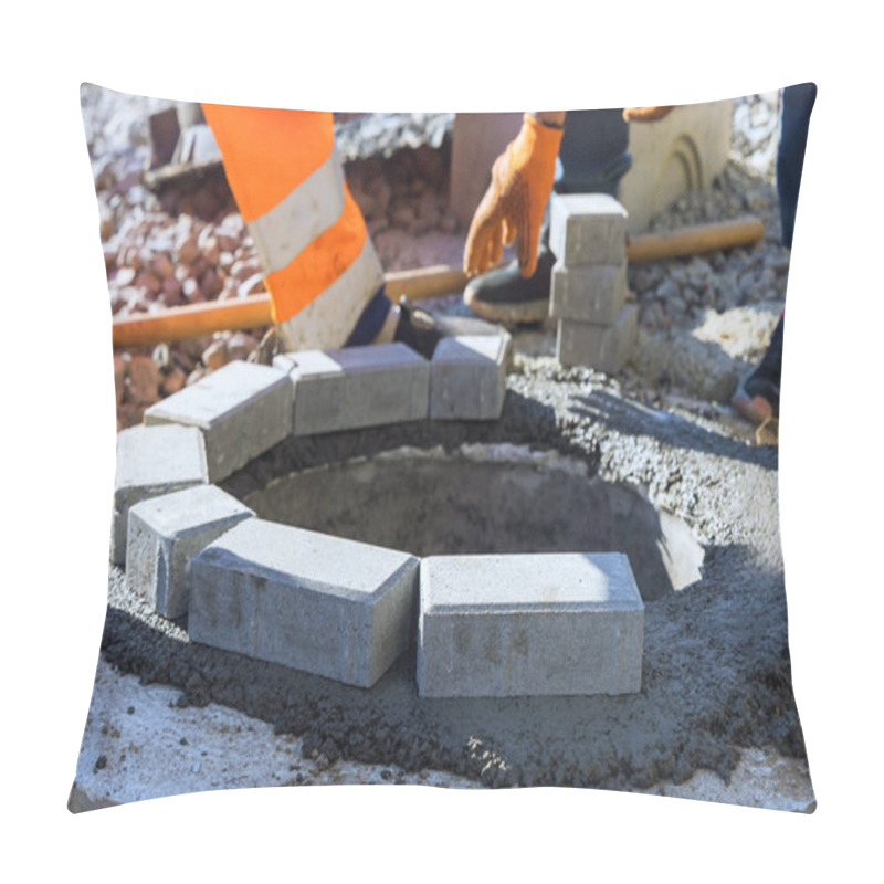 Personality  In Fresh Concrete Is Securing Blocks Making Up Uppermost Edge Of Manhole For Underground Utilities Well Pillow Covers