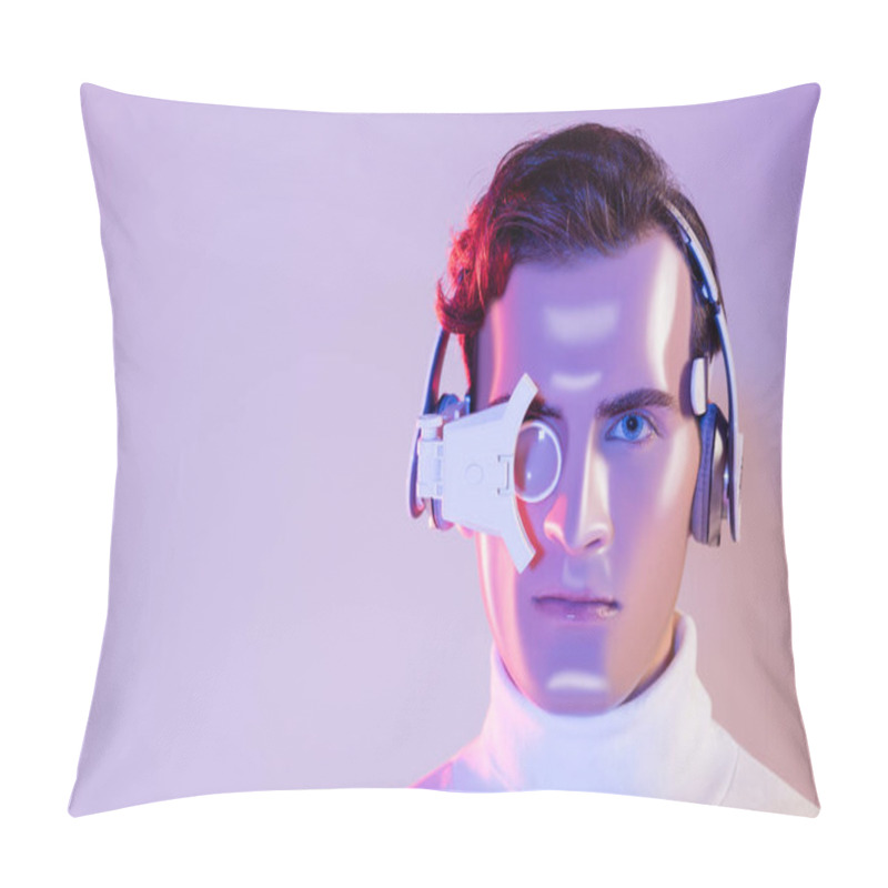 Personality  Portrait Of Cyborg In Headphones And Digital Eye Lens On Purple Background Pillow Covers