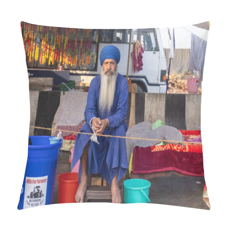 Personality  NEW DELHI, INDIA - JANUARY 2021 : Portrait Of Old Sikh Indian Farmers From Different States Protests At Ghazipur Border. Farmers Are Protesting Against The New Farm Laws In India. Pillow Covers