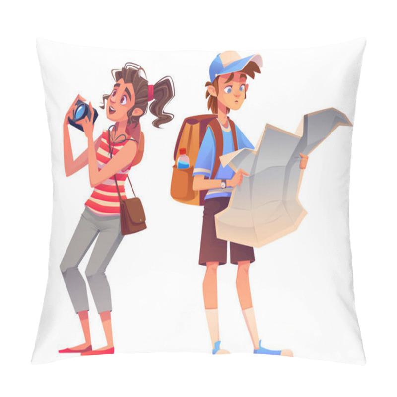 Personality  Tourist Tourist Character With Backpack, Map And Camera Isolated Tourism Illustration. Happy Woman Photographer Sightseeing On Holiday Vacation. Young Man In Hat With Luggage Hitchhiking Or Trekking Pillow Covers