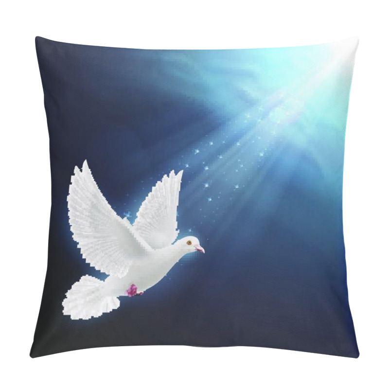 Personality  White Dove Flying In Sun Rays Against Dark  Blue Sky. Symbol Of Peace Pillow Covers