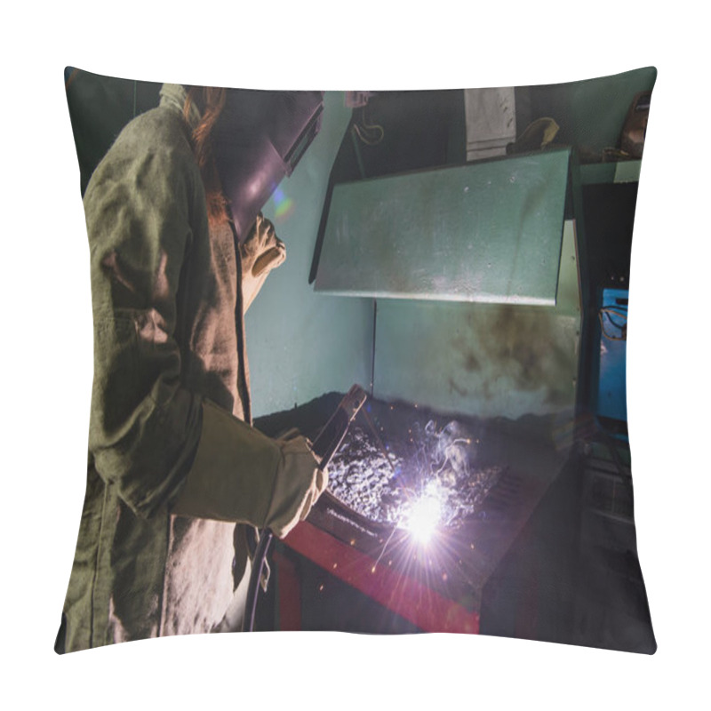 Personality  Welder In Mask With Visor Working With Welding Torch In Factory  Pillow Covers