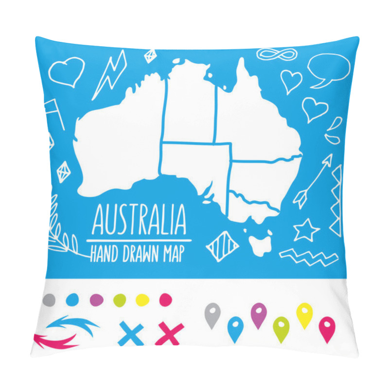 Personality  Doodle Australia Travel Map With Pins And Extras Vector Illustration Pillow Covers