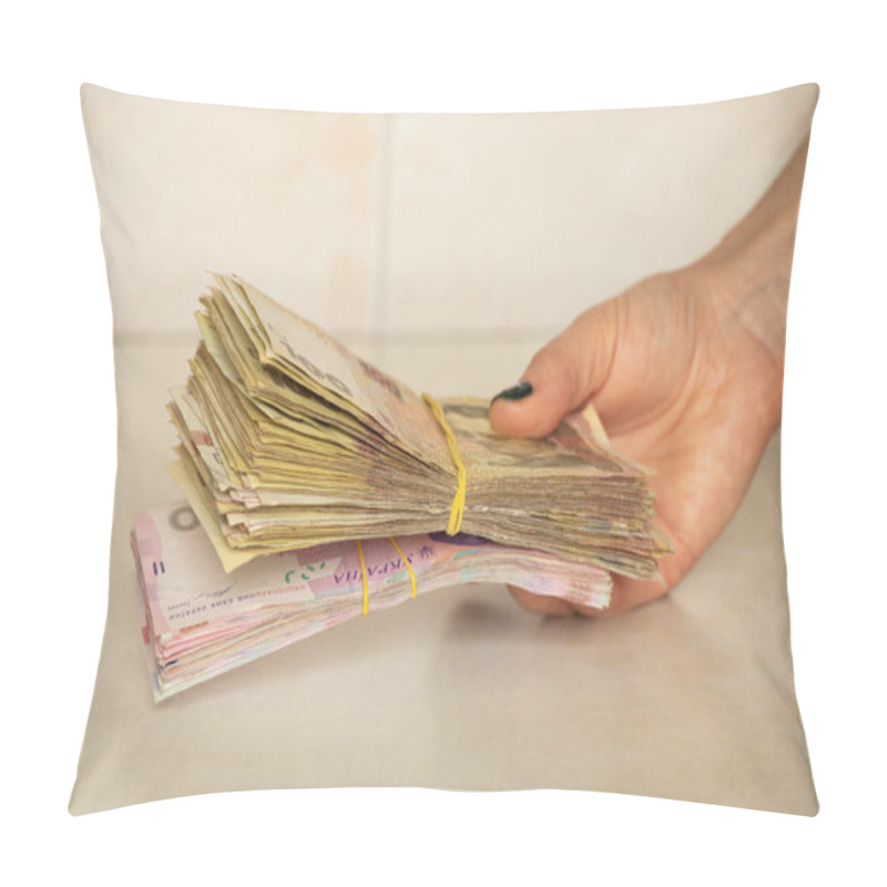 Personality  A Woman's Hand Holds A Stack Of Ukrainian Hryvnias, Giving Money, One Hundred And Two Hundred Hryvnias In Her Hand Pillow Covers