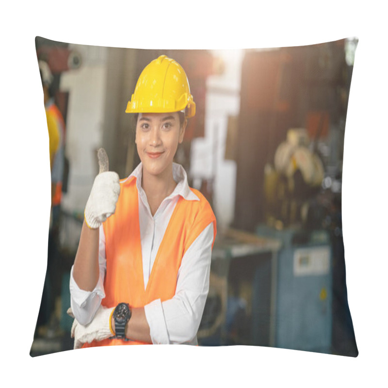 Personality  Portrait Teen Working Woman In Heavy Industry Lathe Machine Steel Tool Factory Happy Smile Thumbs Up Pillow Covers