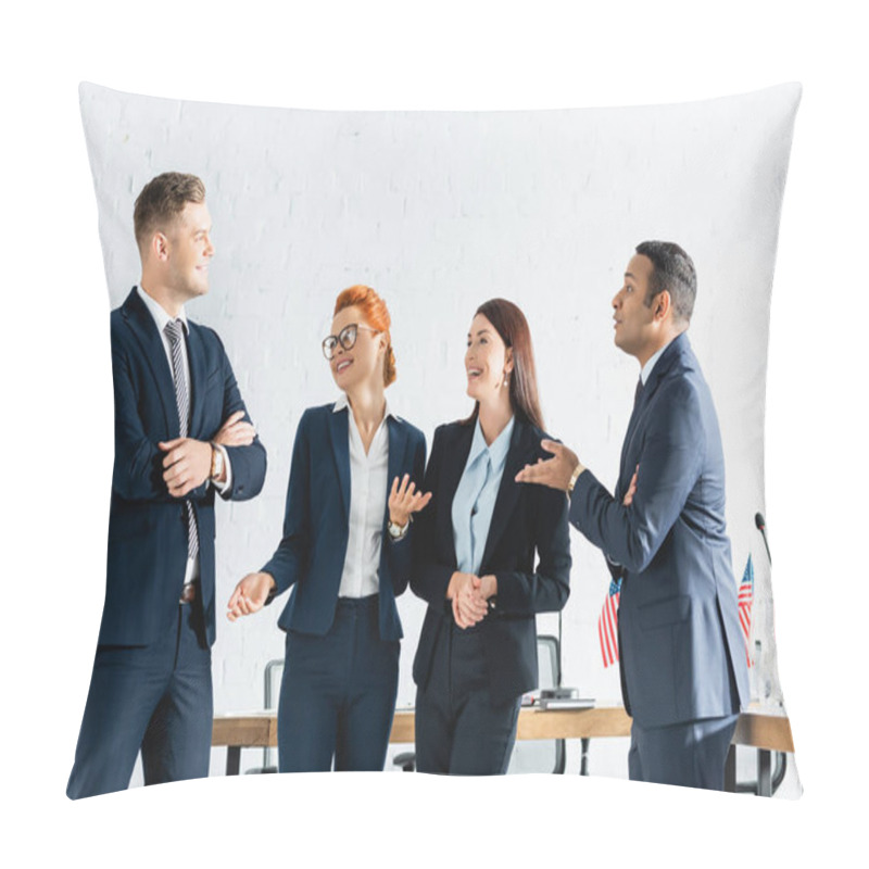 Personality  Happy Interracial Politicians Gesturing While Talking In Boardroom Pillow Covers