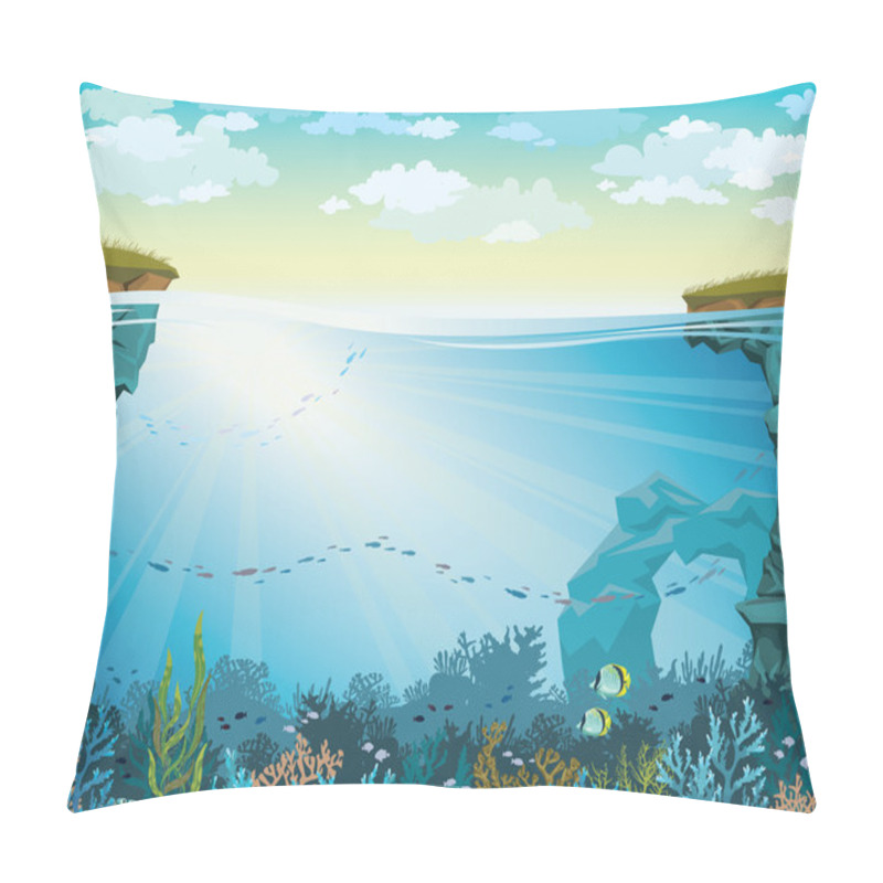 Personality  Coral Reef With Fish And Cloudy Sky. Underwater Sea. Pillow Covers