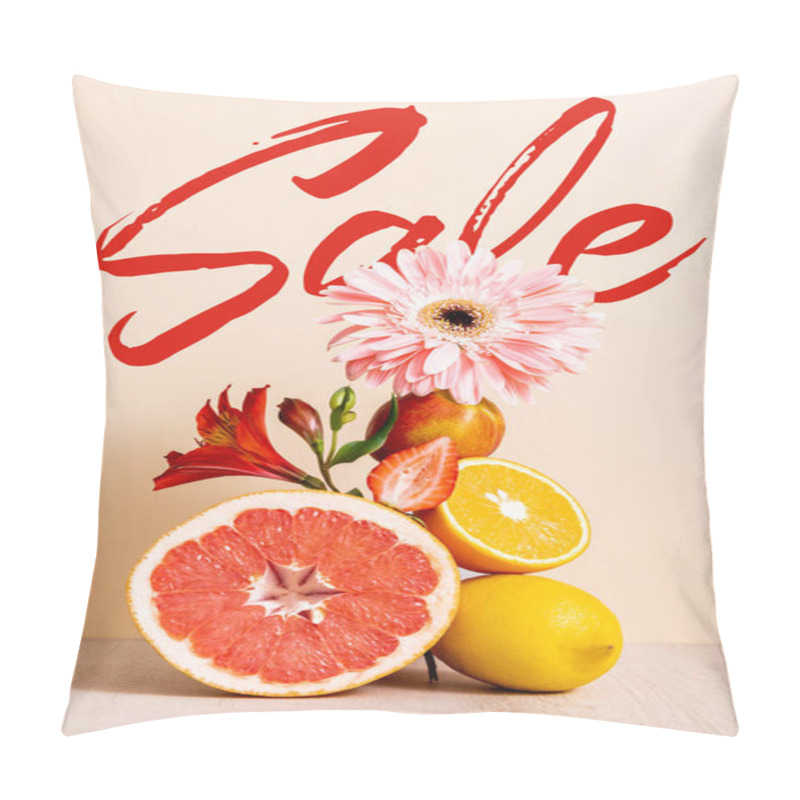 Personality  Floral And Fruit Composition With Citrus, Strawberry And Peach Near Sale Lettering On Beige Background Pillow Covers