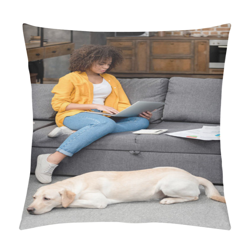 Personality  Beautiful Young Woman Working At Home While Her Dog Lying On Floor Pillow Covers