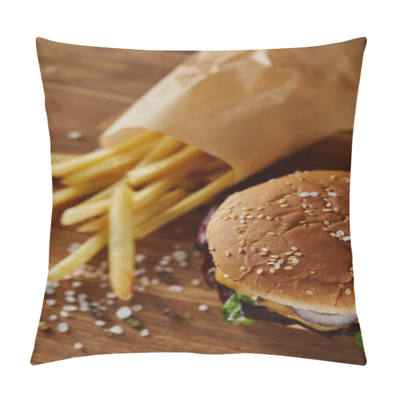 Personality  Selective Focus Of Salt, French Fries And Burger On Wooden Surface  Pillow Covers