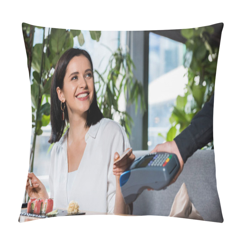 Personality  Cropped View Of Waiter Holding Credit Card Reader Near Smiling Woman Paying With Smartphone  Pillow Covers