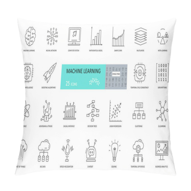 Personality  Set Of Machine Learning Icons. 25 Editable Stroke Icons. Artificial Intelligence, Neural Networks, Mathematical Model, Patterns, Chatbots, Linear Regression In Data Science And Business Analytics. Pillow Covers