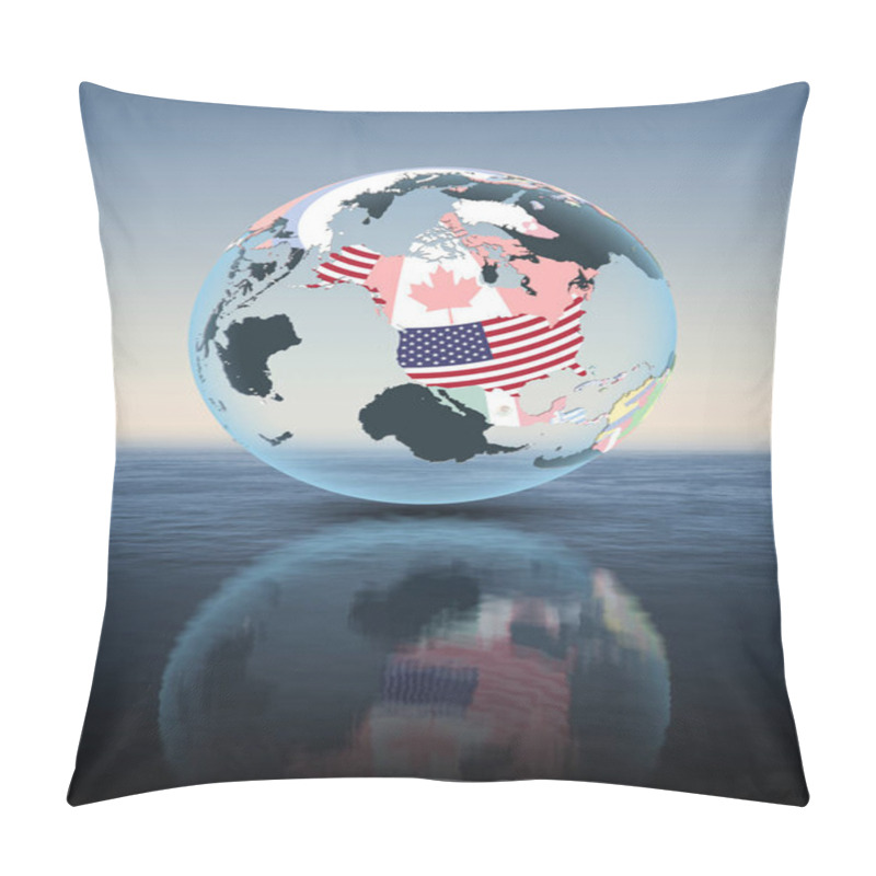 Personality  USA On Political Globe Floating Above Water. 3D Illustration. Pillow Covers