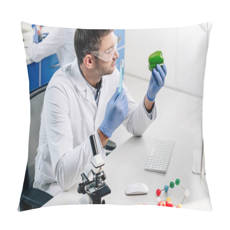 Personality  High Angle View Of Molecular Nutritionist Holding Bell Pepper And Test Tube  Pillow Covers