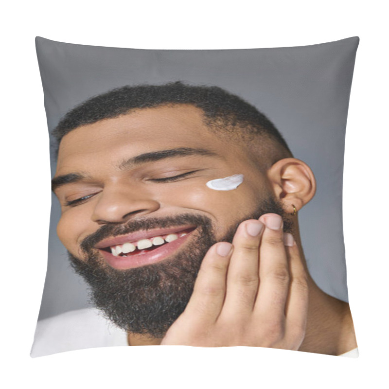 Personality  African American Alluring Man With A Beard Showcasing White Cream On His Face. Pillow Covers