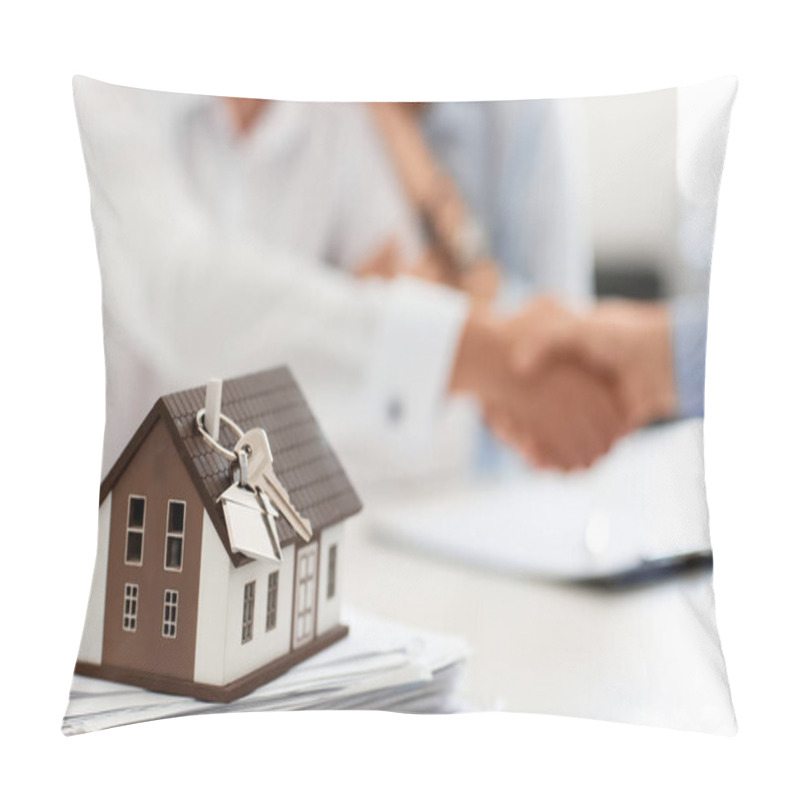 Personality  House Model With Key On Table In Office Of Real Estate Pillow Covers