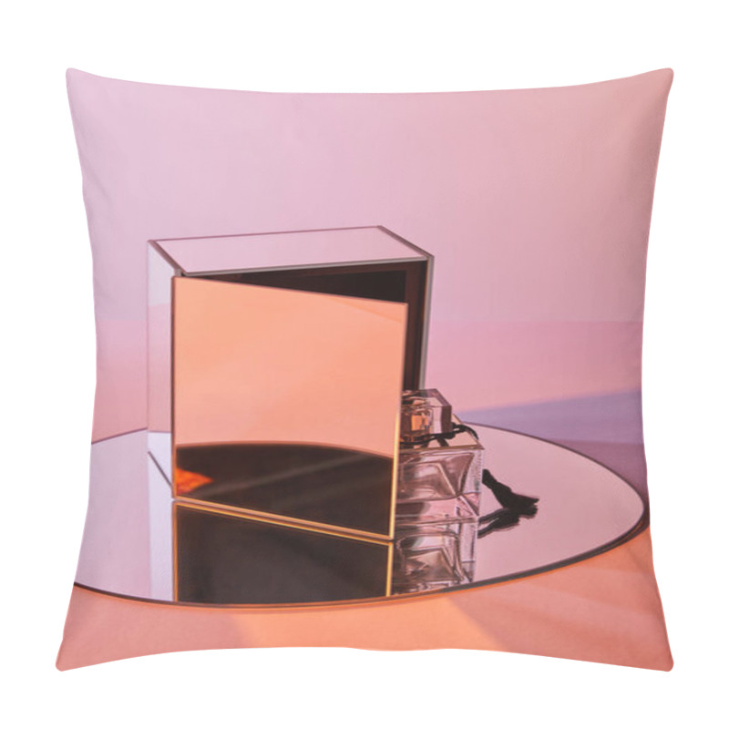 Personality  Perfume Bottle On Round Mirror With Cube On Pink Background Pillow Covers