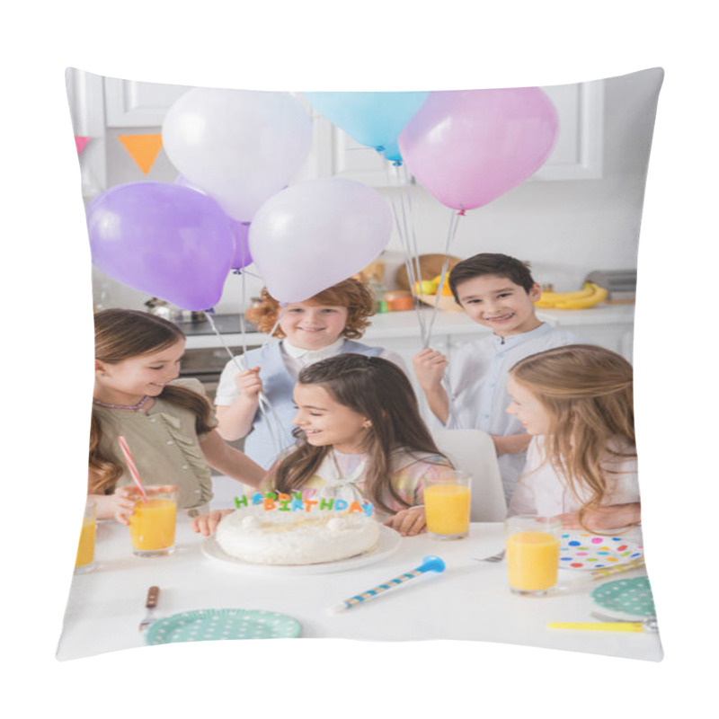 Personality  Cheerful Kids With Balloons Looking At Birthday Girl Near Cake And Party Horns On Table  Pillow Covers