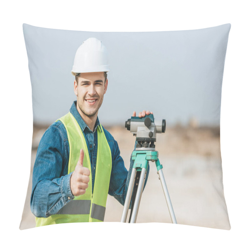 Personality  Smiling Surveyor With Digital Level Showing Thumb Up Gesture Pillow Covers