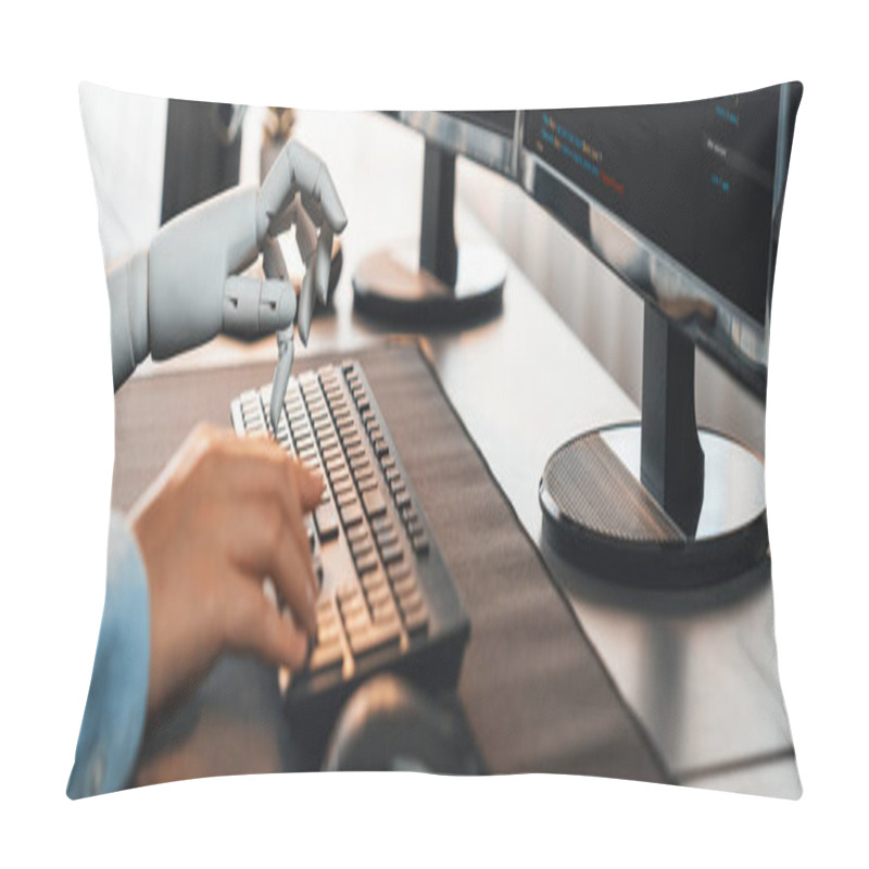 Personality  Program Coding Automation By Generative Artificial Intelligence Or AI Concept. Collaboration Between Robotic Hand And Human Software Developer Solving, Debugging Or Writing Script.Trailblazing Pillow Covers