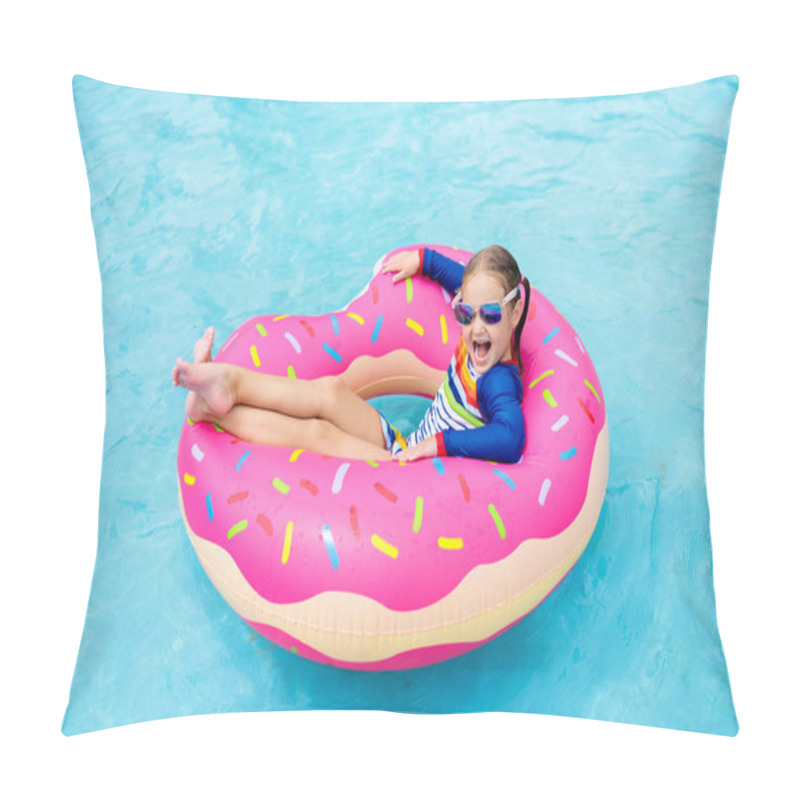 Personality  Child In Swimming Pool On Funny Inflatable Donut Float Ring. Little Girl Learning To Swim In Outdoor Pool Of Tropical Resort. Water Toys For Kids. Healthy Sport Activity For Children. Sun Protection.  Pillow Covers