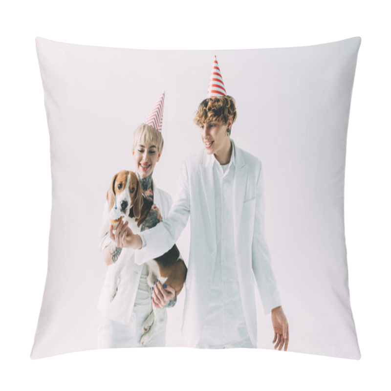 Personality  Cheerful Woman Holding In Arms Cute Beagle Dog While Standing With Handsome Boyfriend In Party Caps Isolated On Grey Pillow Covers