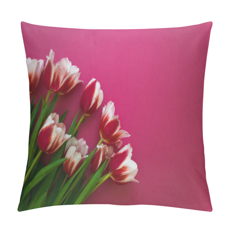 Personality  A Bouquet Of Fresh Tulips Lying On A Vivid Red Background. Mother Day And International Women Day Pillow Covers