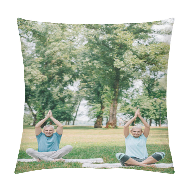 Personality  Mature Man And Woman Meditating In Yoga Poses While Sitting On Lawn In Park Pillow Covers