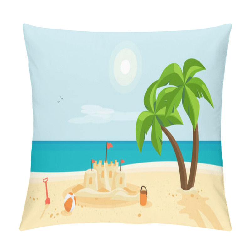 Personality  Lonely Sand Castle On Sandy Beach With Palm Tree And Blue Sea Ocean Coast Line. Clear Summer Sunny Sky In Background. Kid Toys Left Near Sandcastle On Holiday. Cartoon Style Flat Vector Illustration. Pillow Covers