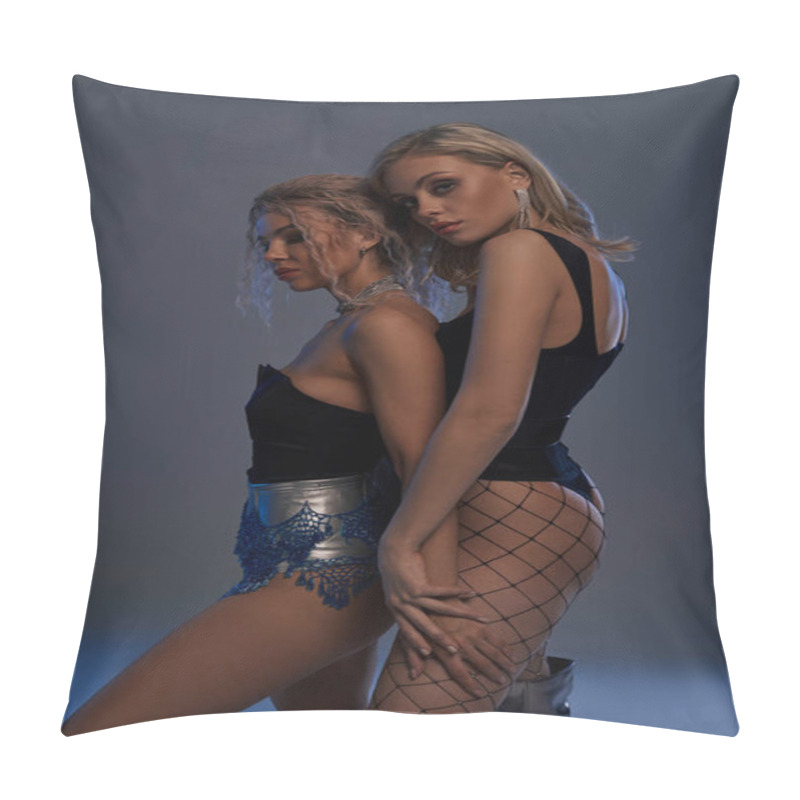 Personality  Two Sexy Young Women In Fishnet Stockings Posing Alluringly For A Photo Shoot. Pillow Covers