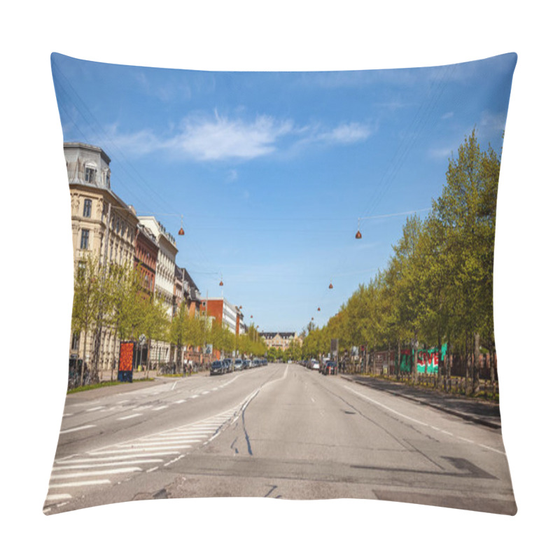 Personality  COPENHAGEN, DENMARK - MAY 6, 2018: Cityscape And Road With Parked Cars  Pillow Covers