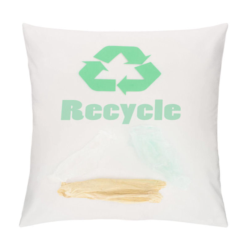 Personality  Top View Of Plastic Bags With Recycle Sign On White Pillow Covers