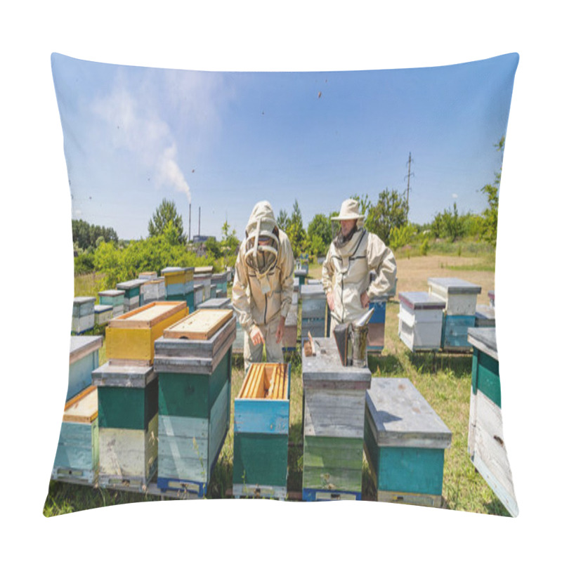 Personality  Two Men Standing Near A Swarm Of Bees. A Couple Of Men Standing Next To A Bunch Of Bees Pillow Covers