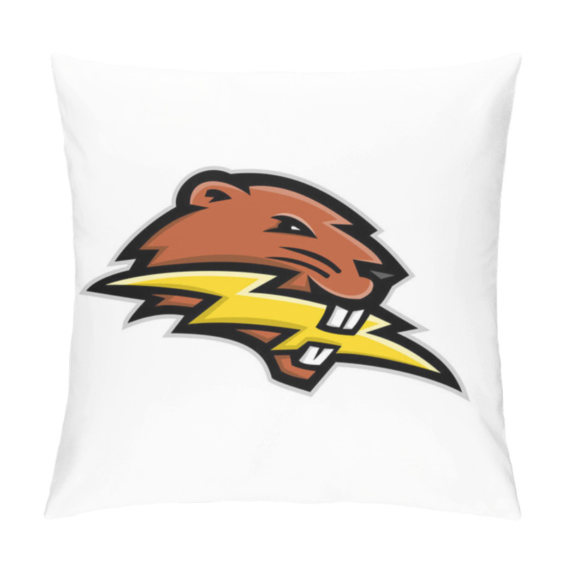 Personality  Mascot Icon Illustration Of Head Of A North American Beaver, A Large, Primarily Nocturnal, Semi-aquatic Rodent, Biting A Lightning Bolt Or Thunderbolt Side View On Isolated Background In Retro Style. Pillow Covers