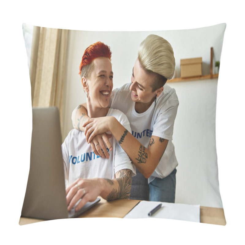 Personality  A Man And A Woman Embrace While Looking At A Laptop, Engaging In Volunteer Work With Empathy And Unity. Pillow Covers