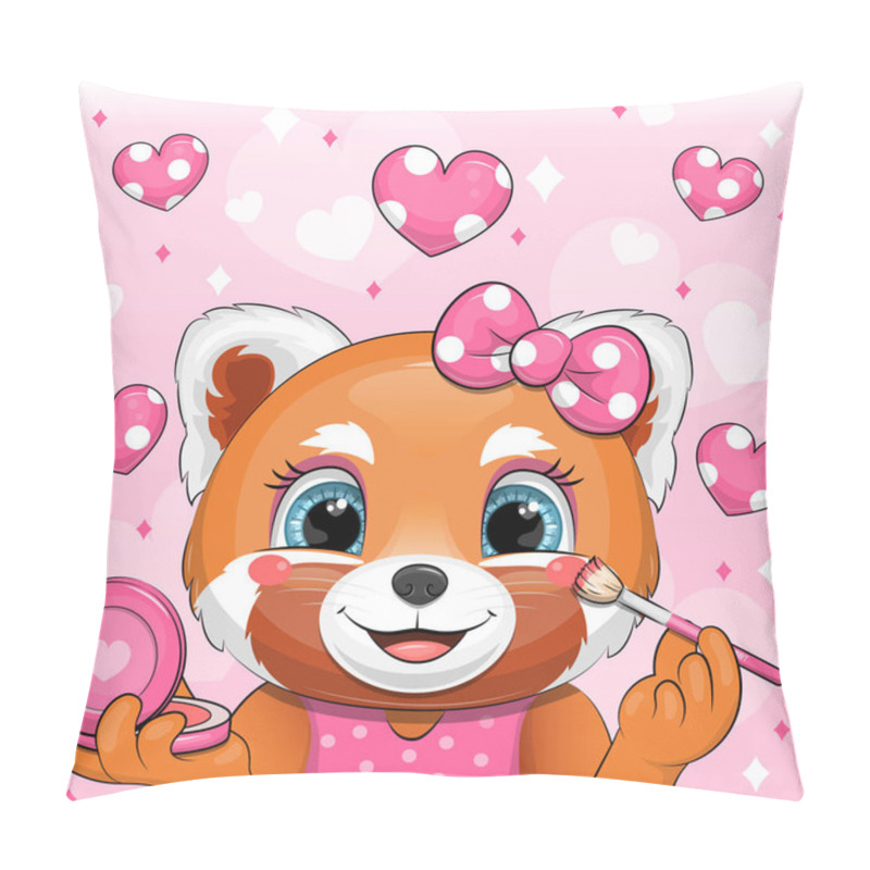 Personality  Cute Cartoon Red Panda Does Makeup. Vector Illustration Of Animal With Blush And Brush On Pink Background And Heart. Pillow Covers