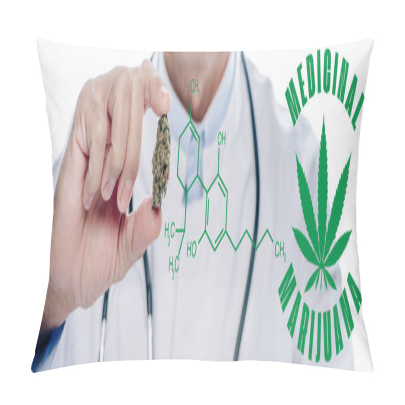 Personality  Panoramic Shot Of Doctor In White Coat Holding Medical Marijuana Bud Isolated On White With Cbd Molecule Illustration Pillow Covers