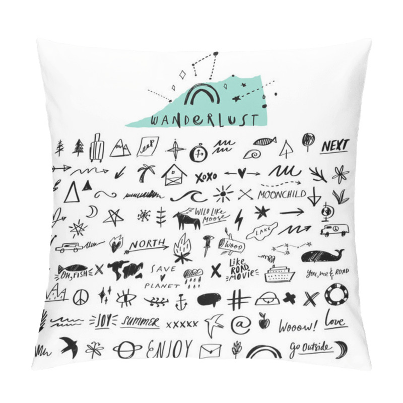 Personality  Travel Doodle Handdrawn Vector Icons Set. Symbols, Signs, Decor Elements Pillow Covers