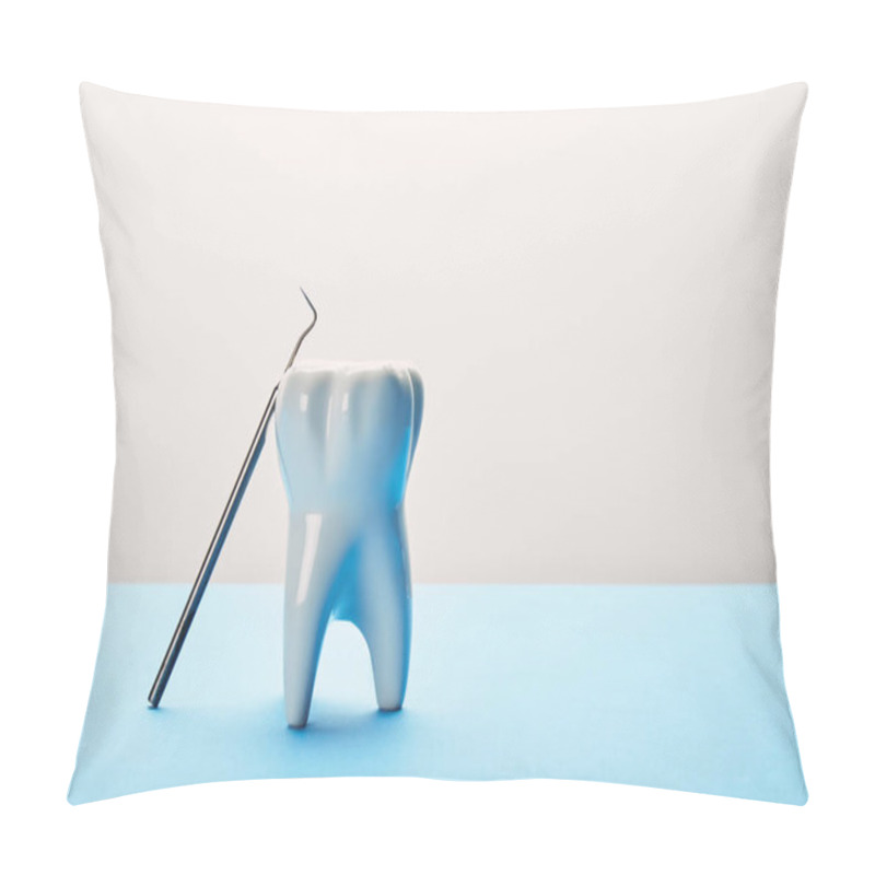 Personality  Close Up View Of Tooth Model And Dental Probe On Blue And White Background Pillow Covers