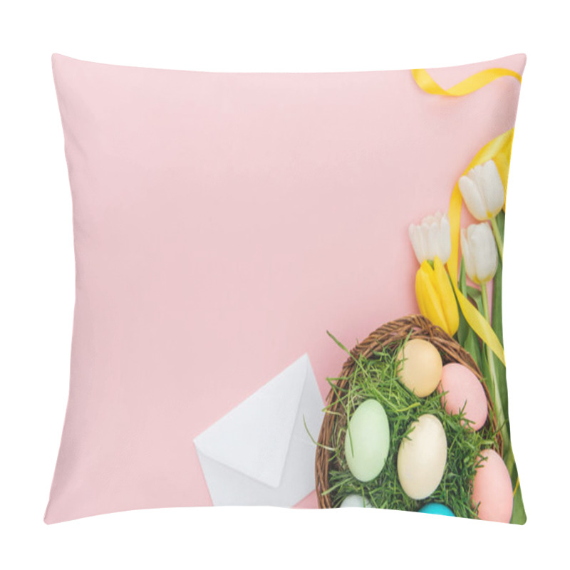 Personality  Top View Of Envelope, Tulip Flowers And Easter Eggs In Wicker Plate Isolated On Pink With Copy Space Pillow Covers