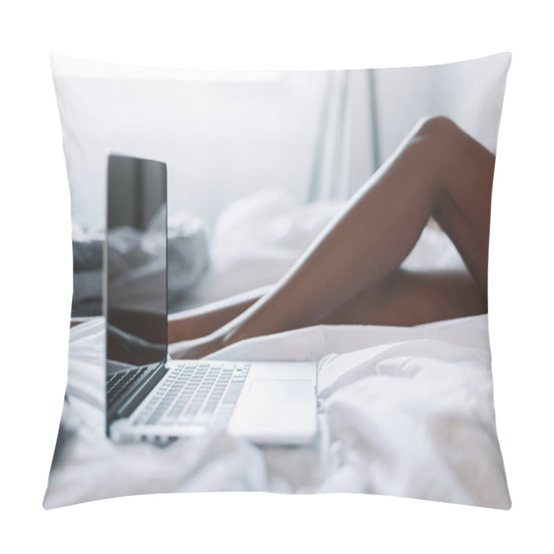 Personality  Woman In Bed With Laptop Pillow Covers