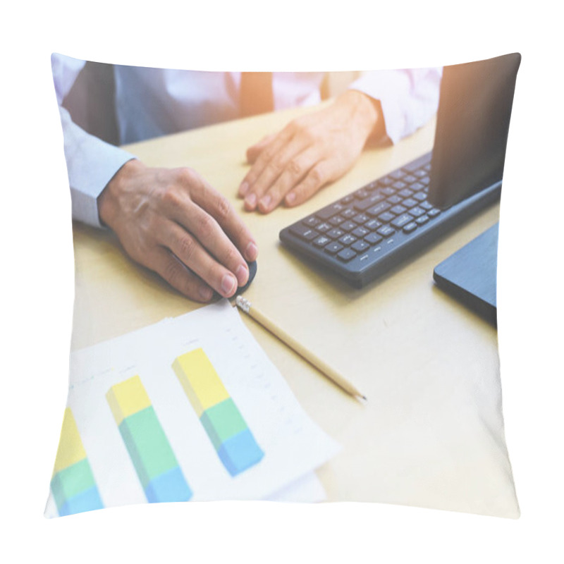 Personality  Business Man Working At Desk And Use A Computer Pc With Business Graph Chart Report Paper On The Table In A Office  Pillow Covers